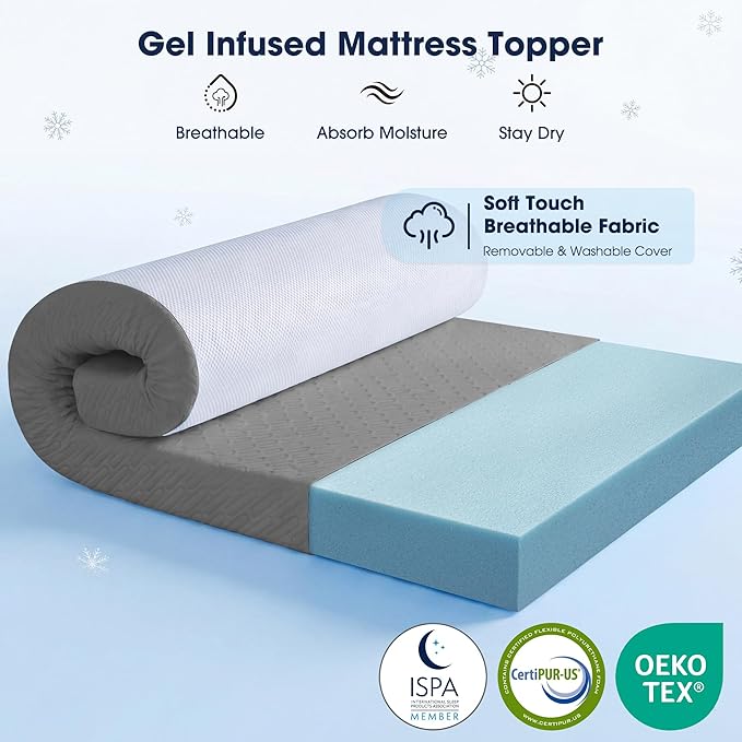 VALUXE 3 Inch Gel Memory Foam Mattress Topper Twin XL Size High Density Cooling Pad Pressure Relief Bed Topper Grey (with Removable & Washable Bamboo Cover)