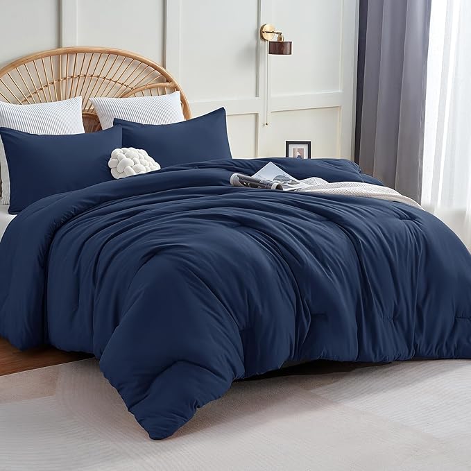 CozyLux Queen Comforter Set Navy Blue, 3 Pieces Solid Comforters Queen Size Breathable Bedding Sets, Luxury Soft Lightweight Bed Set with Down Alternative Comforter and 2 Pillowcases for All Seasons