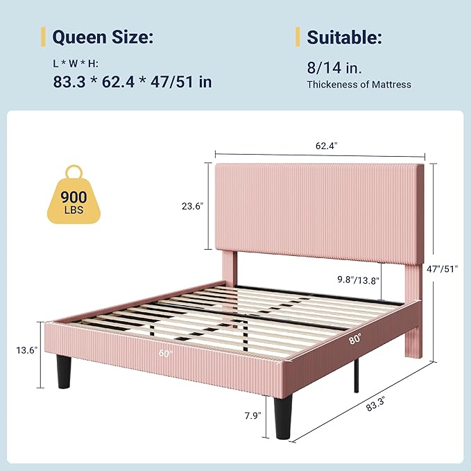 Allewie Queen Size Upholstered Bed Frame with Vertical Channel Tufted Headboard, Soft Corduroy Fabric Platform Bed, Strong Wooden Slats Support, Easy Assembly, No Box Spring Needed, Light Pink
