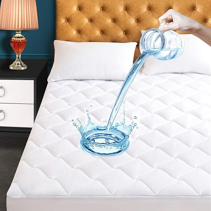 Twin Size Quilted Fitted Mattress Pad, Waterproof Breathable Cooling Mattress Protector, Stretches up to 21 Inches Deep Pocket Hollow Cotton Alternative Filling Noiseless Mattress Cover