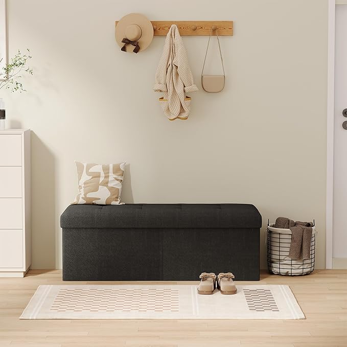 JIUYOTREE 31.5 Inches Ottoman with Storage Bench, Foldable Footstool, Ottoman Foot Rest, End of Bed Bench, Multi-Functional Seat, Storage Chest for Living Room, Bedroom, Entryway (Dark Gray)