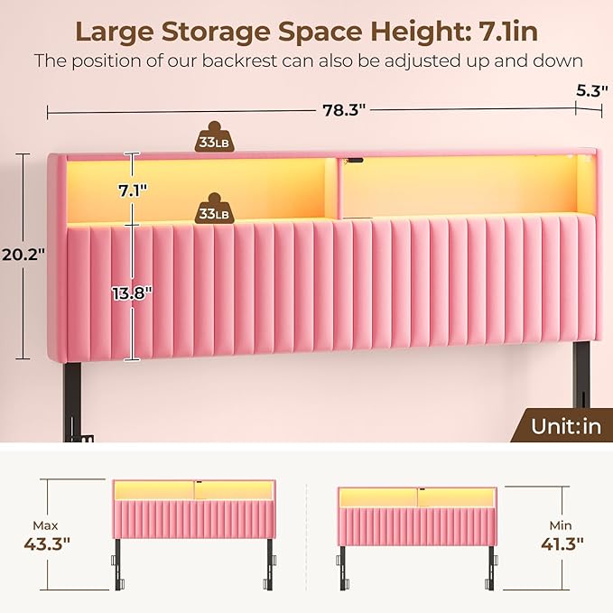 Rolanstar Headboard for King Size Bed with Storage, Head Board with USB & Type C Port, 60,000 DIY Color of LED Light, Velvet Upholstered, Height Adjustable, Sturdy, Easy Assembly, Pink