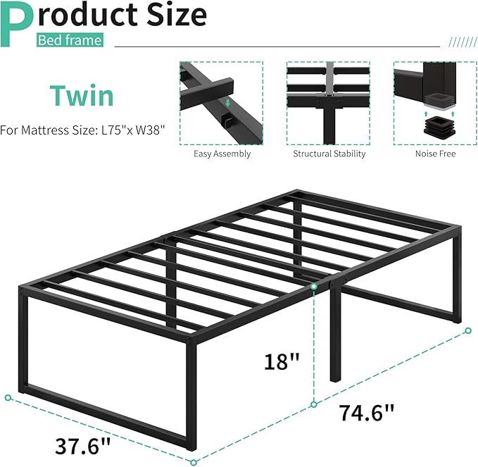 Lutown-Teen 18 Inch Twin Bed Frames Heavy Duty Metal Twin Platform Bed Frame No Box Spring Needed, Noise Free, Easy Assembly, Black