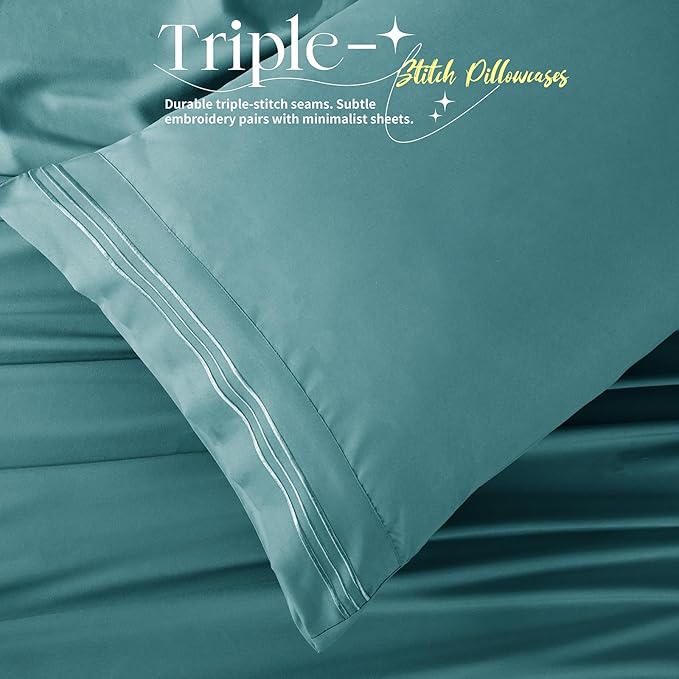 Manyshofu 4 Piece Split Head King Sheets Sets for Adjustable Bed Sheet, Flex Head Split Top King Sheets Teal Sheet Set - 1800 Thread Count Bedding Set with 14-16 Inch Deep Pockets
