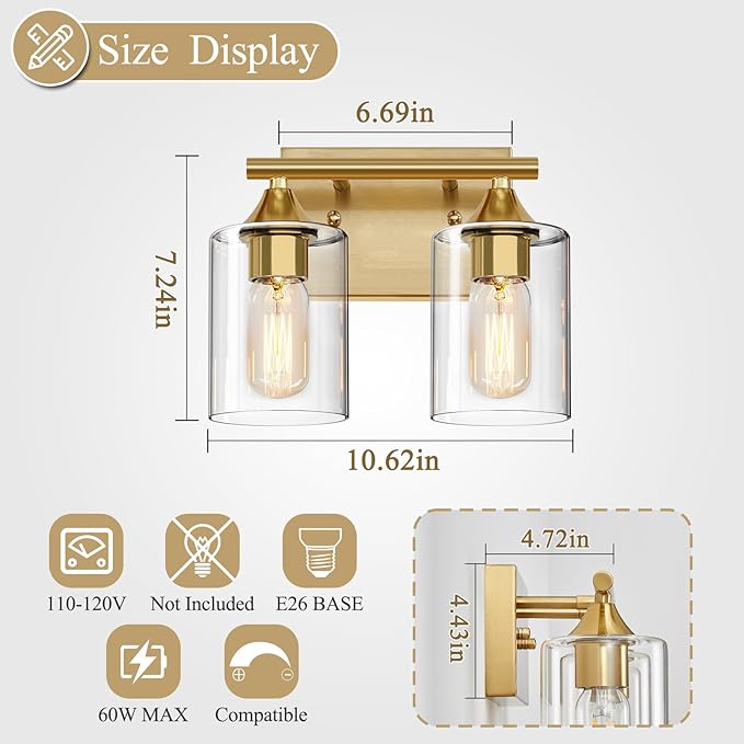 Gold Vanity Lights for Bathroom,2-Light Bathroom Light Fixtures,Brushed Brass Gold Wall Sconce Lighting,Modern Wall Lamp for Mirror Bedroom Vanity Table Hallway