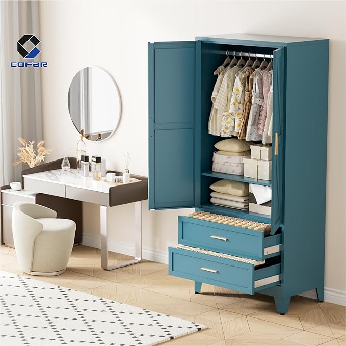 COFaR Armoire Wardrobe Closet with Drawers & Hanging Rod, 71'' Metal Wardrobe Closet with Doors & Adjustable Shelf, Farmhouse Wardrobe Cabinet for Bedroom Home Office, Peacock Blue