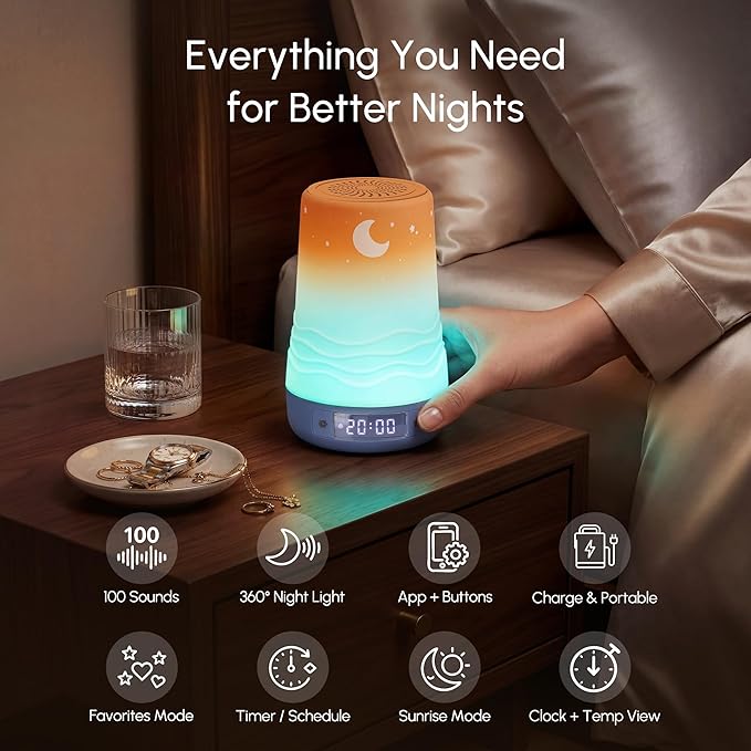 Mewaii White Noise Sound Machine Baby & Adult, 100 Soothing Sounds, AI Cry Detection, App Control, 360° RGB Night Light, Sleep Routine Builder, Alarm Clock for Home Nursery Travel Baby Essentials Gift