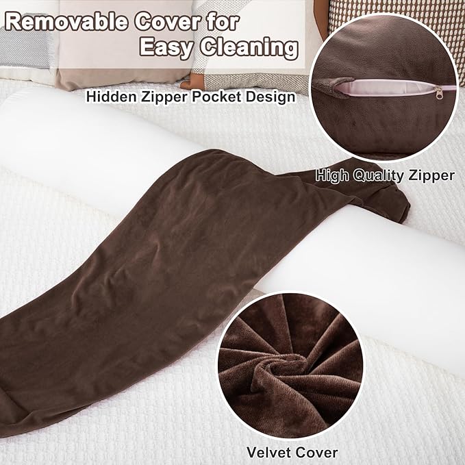 1 MIDDLE ONE Round Body Pillow for Adults, Long Bolster Pillow for Bed with Removable Velvet Cover, Decorative Tube Roll Cylinder Pillow, 35 x 7.87 Inch, Coffee