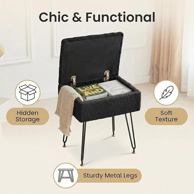 Vanity Stool Chair, Faux Teddy Fur Ottoman Foot Stool with Metal Legs & Adjustable Black Feet, Flip Top Storage Makeup Stool with Soft Padded Seat, Foot Rest for Makeup Room Bedroom, Black