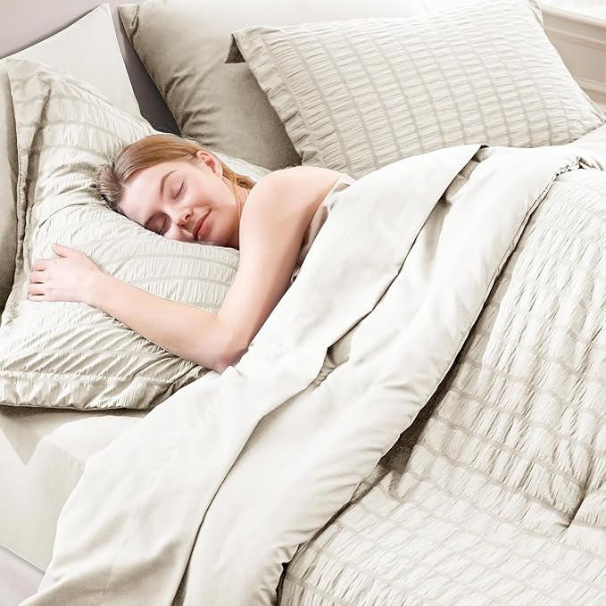CozyLux California King Comforter Set with Sheets 7 Pieces, Beige Seersucker Bed in a Bag Cal King Luxury Soft Bedding Sets with Down Alternative Comforter, Sheets, Pillowcases & Shams for All Season