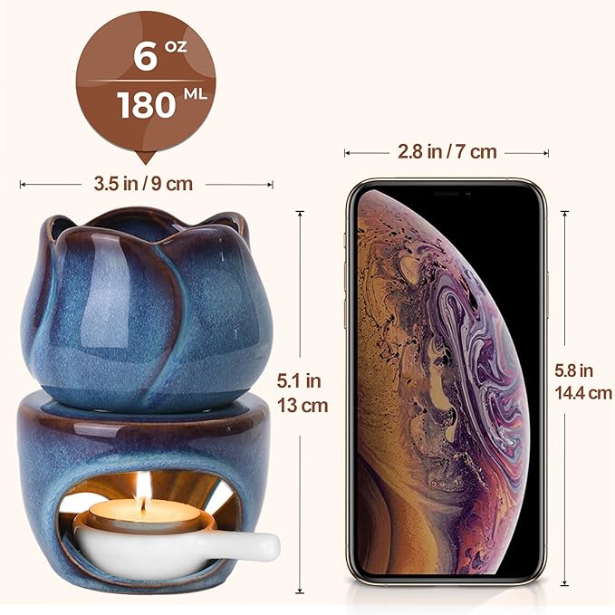 ComSaf Ceramic Essential Oil Burner, Reactive Glaze Aromatherapy Diffuser, 180ml Sculptural Wax Melt Warmer with Pull-Out Tea Light Tray, Artisan Pottery-Style Oil Warmer, Decorative Ambient Lighting