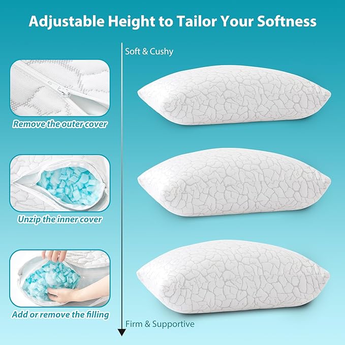 Cooling Pillows for Sleeping 2 Pack, Standard Size Adjustable Shredded Memory Foam Pillows, Firm Bed Pillows for Side, Back, Stomach, Hot Sleepers, Cold Pillow for College Dorm Room