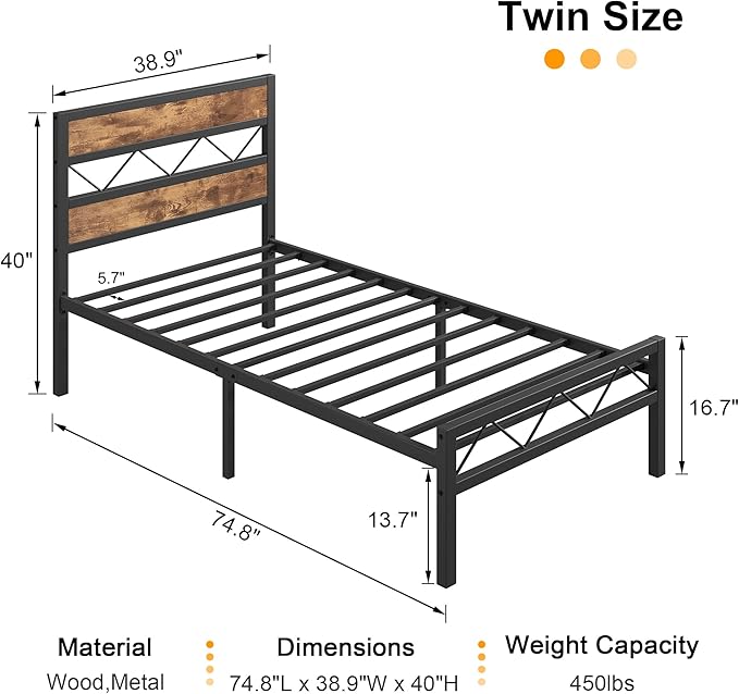 VECELO Twin Size Bed Frame with Headboard, Heavy-Duty Platform Bedframe with Metal Slats Support, No Box Spring Needed, Easy Assembly, Black & Brown