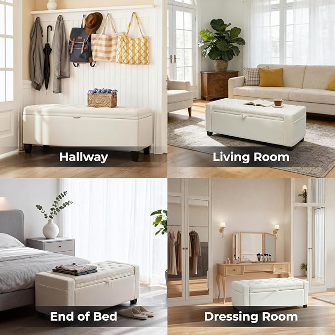Storage Ottoman Bench for Bedroom, End of Bed Bench with Hidden Storage, Upholstered Tufted Linen Ottoman with Safety Hinge, Bedroom Bench with Storage, 43 Inch, 350lb, Linen Beige