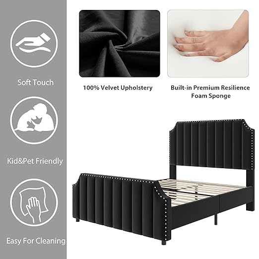 GarveeHome Queen Size Platform Bed Frame with 50.2 in Tall Headboard, Velvet Upholstered Bed Frame with Vertical Channel Tufted Headboard & Footboard, Nailhead Trim, No Box Spring Needed, Black