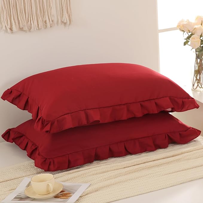 Burgundy Pillowcases King Pillowcases Ruffled Pillow Shams Set of 2 Cute Pillowcases Solid Ruffled Fringe Design Red Shabby Chic Pillowcases 2 Pack (King (20''x36''), Burgundy)