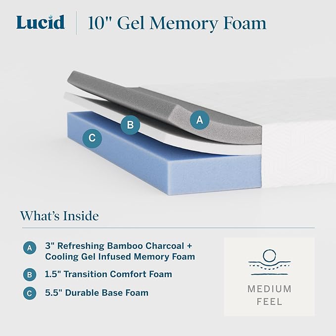 Lucid 10 Inch Memory Foam Mattress - Medium Feel - Infused with Refreshing Bamboo Charcoal and Cooling Gel - Bed in a Box - Temperature Regulating - Pressure Relief - Breathable - Full Size