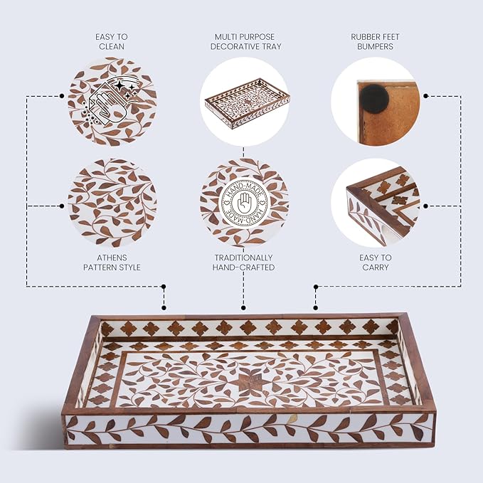 Handicrafts Home Alhambra El Plato Decorative Tray, 17”x11” Wood & Resin Inlay Coffee Table Tray with Handles, Handmade Serving Ottoman Tray for Living Room Decor, Boho Farmhouse Home Accent