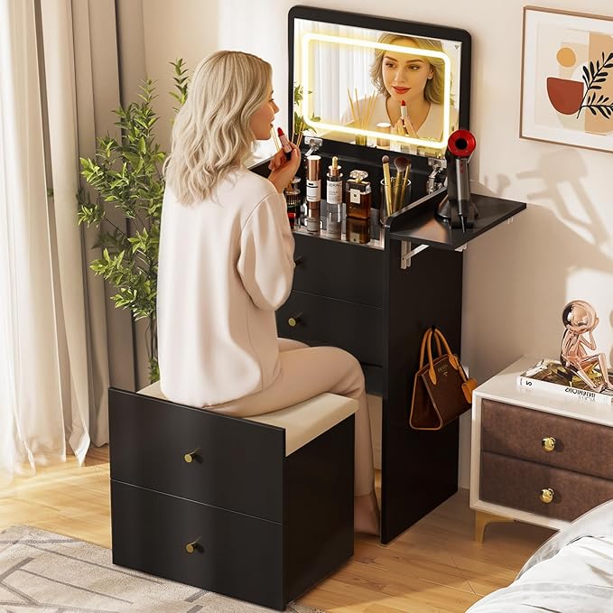 COMHOMA Makeup Vanity Desk with Mirror and Lights, Small 3 in 1 Vanity Table with Visible Glass Top, Flip Top & 3 Drawers, Compact Dresser with Storage Stool for Bedroom, Office or Nightstand
