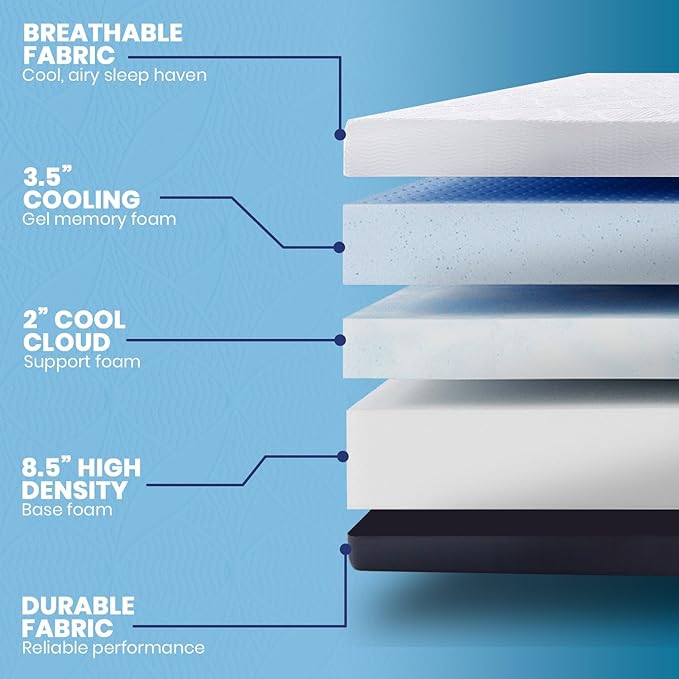 Classic Brands Cool Gel Chill Memory Foam 14-Inch Mattress with 2 BONUS Pillows |CertiPUR-US Certified |Bed-in-a-Box, Queen