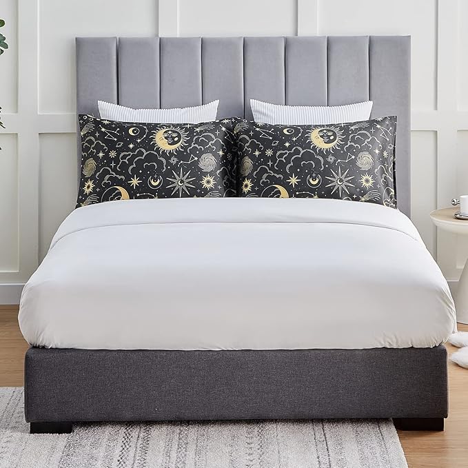EXQ Home Satin Pillowcase for Hair and Skin - Black Printed Silk Pillowcase 2 Pack 20x26 inches - Standard Satin Pillow Cases Set of 2 with Envelope Closure, Gifts for Women Men