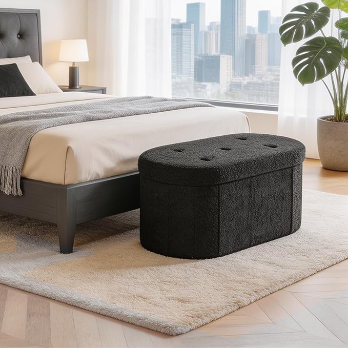 DUMOS Folding Storage Ottoman Bench, Oval Round Ottoman End of Bed Foot Rest Bench Stool with Cushion, Storage Chest for Bedroom, Living Room, Entryway, Dorm, Teddy Fabric, Black