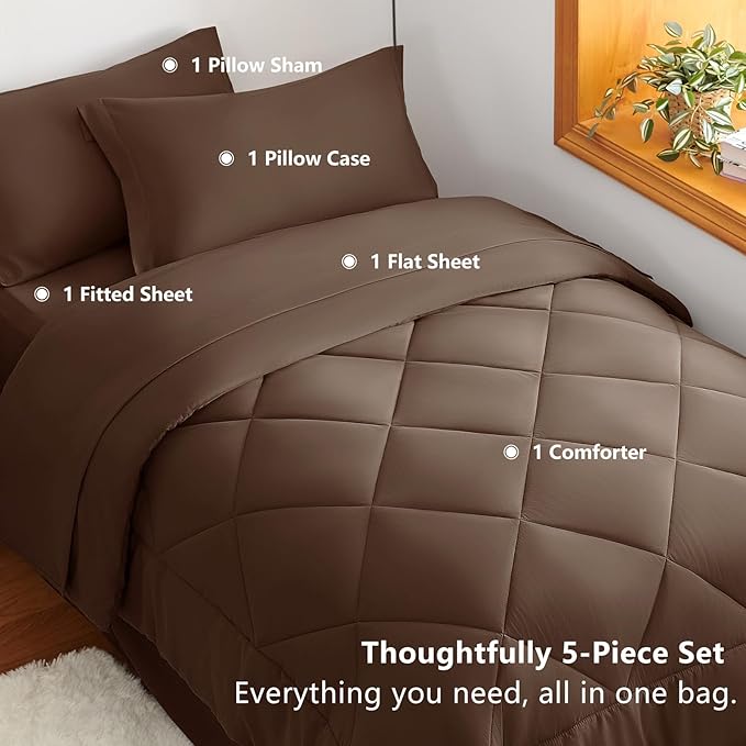 CozyLux Twin XL Comforter Set Brown - 5 Pieces Twin Extra Long Bed in a Bag for College Dorm, All Season Bedding Set for Girls and Boys, Soft Bed Set with Comforter, Sheets, Pillowcase & Sham
