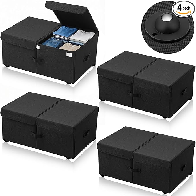 Geelin 4 Pcs Under Bed Storage with Wheels 10" High Underbed Containers with Lids Large Rolling Under Bed Organizer with Handles Underbed Clothes Storage Bins for Clothes Blankets Shoes (Black,24'' L)