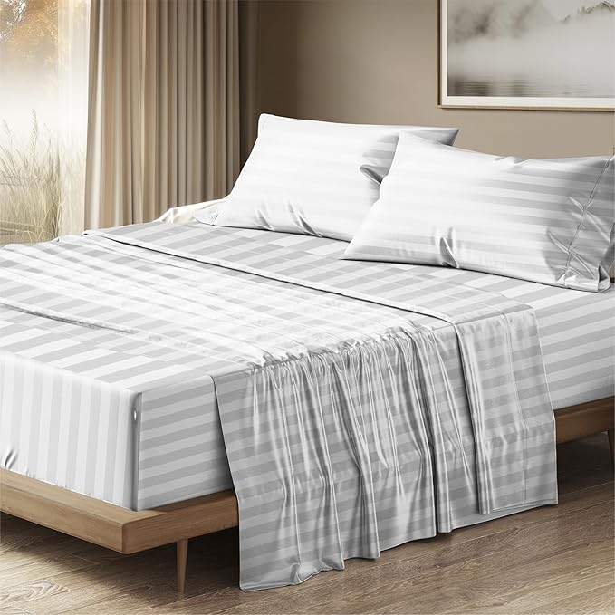 THREAD SPREAD 100% Egyptian Cotton Damask Sheets Queen Size - Luxury 1500 Series Queen Sheet Set Egyptian Cotton (4 PC, White Stripe), Silky Soft, Sateen, Cooling & Breathable, 17" Deep Pocket Bed Set