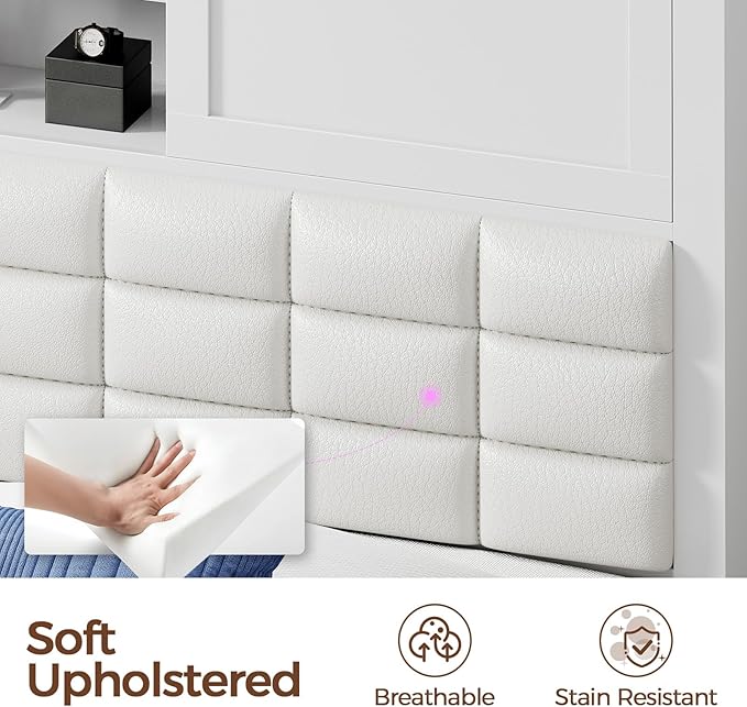 Rolanstar Bed Frame Twin Size with Charging Station, Bookcase Headboard Bed with LED Light and Sliding Doors, Platform Bed with Wooden Slats, No Box Spring Needed, Noise Free, White