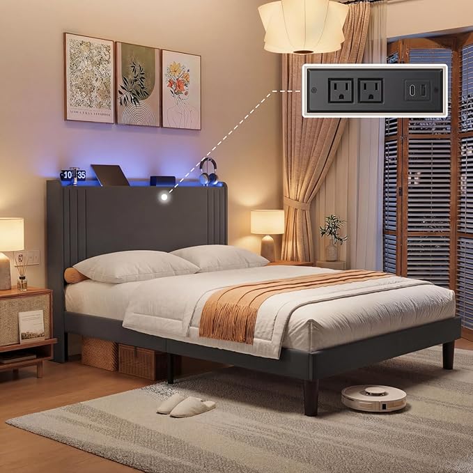Gizoon Queen Bed Frame with Charging Station and LED Lights,Upholstered Wingback Platform Bed with Wooden Slats,Noise-Free,No Box Spring Needed