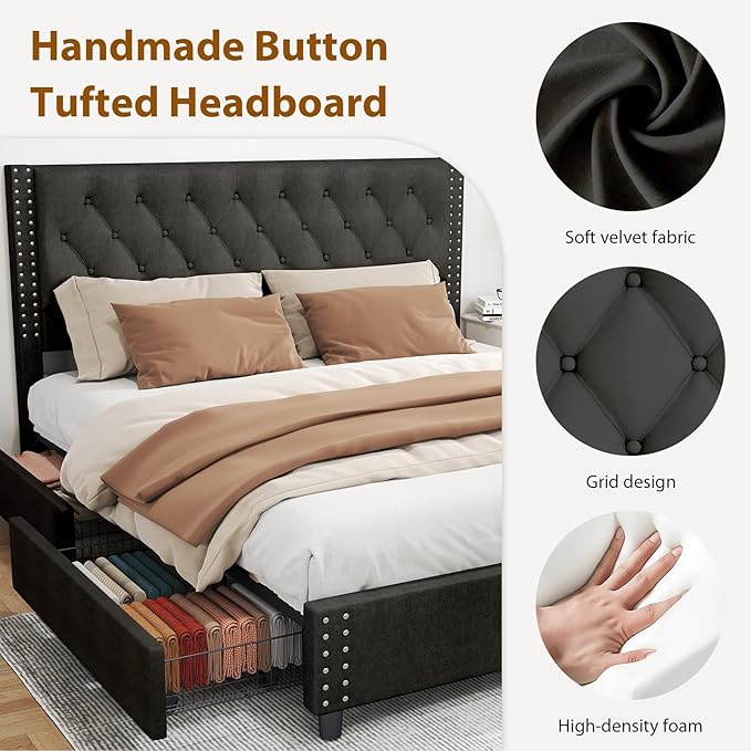 EVLIQUIL Bed Frame King Size with 4 Storage Drawers, Upholstered Headboard & Frame, Sturdy Metal Frame & Wood Slats, Platform Bed Frame No Box Spring Needed, Easy Assembly, Black
