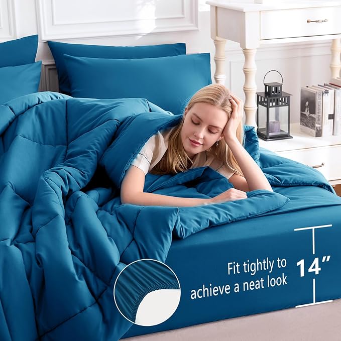 CozyLux Full Size Comforter Sets Teal, 7 Pieces Bed in a Bag, Teal Comforter Full Size, All Season Bedding Sets with Stitch Quilted Comforter, Flat Sheet, Fitted Sheet, Pillowcases