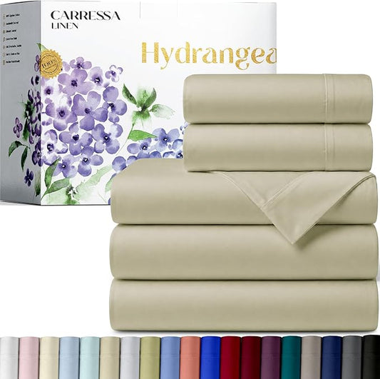 Carressa Linen 100% Egyptian Cotton Split King Sheets Sets for Adjustable Bed - 600 Series Hydrangeas Collection 5 PC Sand Top Split King Sheets, 16" Deep Pocket Sheet for Adjustable Bed