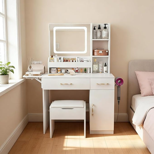 Casaphoria Vanity Desk with Stool, LED Mirror & Outlet, 43 Inch White Makeup Vanity with 2 Drawers & 7 Shelves, Dressing Table with Storage Stool for Bedroom