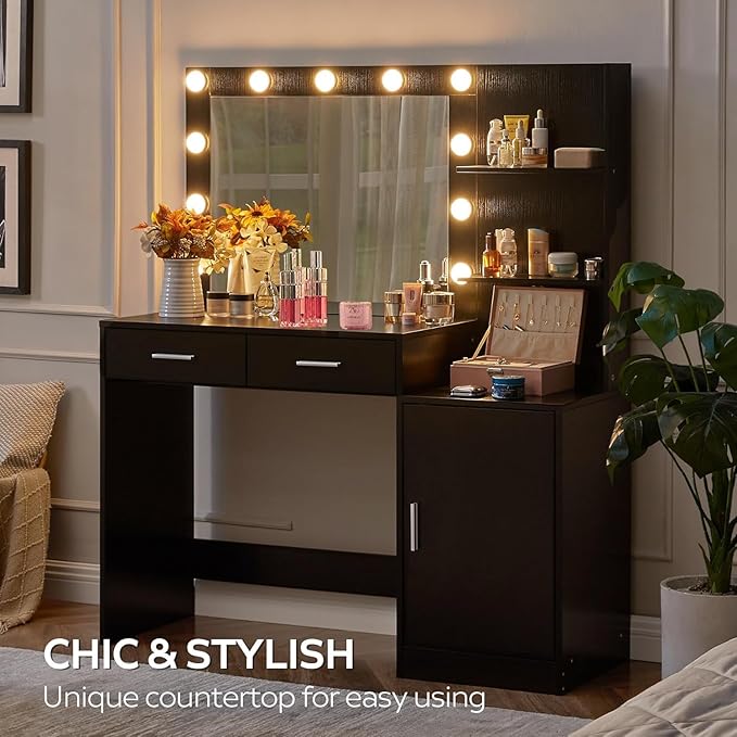 Palimder Vanity Desk with Lamp Bulb Mirror Drawers,Vanity Storage Bench,Makeup Vanities Table for Bedroom