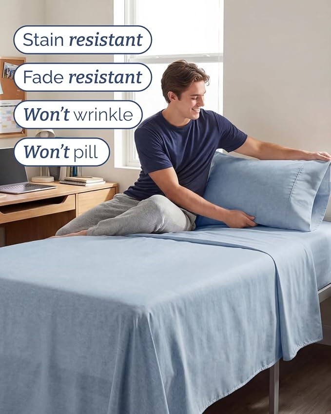 Twin XL 4 Piece Sheet Set - Comfy, Breathable & Cooling - Soft Hotel Luxury Bedding for Women, Men, Kids, Teens & Children - 1 Flat & 1 Fitted Sheet & 2 Pillowcases w/ Deep Pockets - Heathered Blue