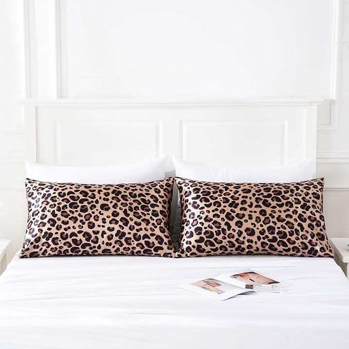 MR&HM Satin Pillowcase for Hair and Skin, Silk Satin Pillowcase 2 Pack, Queen Size Pillow Cases Set of 2, Silky Pillow Cover with Envelope Closure (20x30, Brown Leopard)
