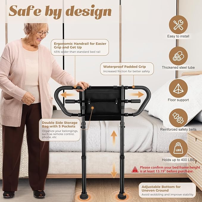 Bedside Rail for Elderly Safety Adjustable Bed Aid with Storage Pocket, Non-Slip Handle,400 lbs Gravity Capacity (Stand-Compatible with Bed Frames 13.19" or Higher) (Black)