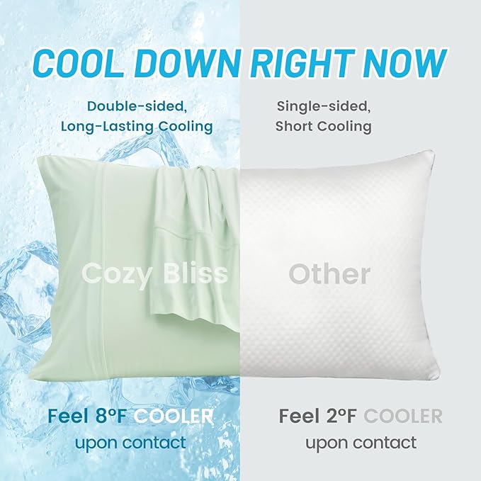 Cozy Bliss Cooling Pillow Cases for Hot Sleepers, Q-Max>0.4, Queen Size Set of 2, Soft & Silky Pillow Covers with Envelope Closure,Gift, Green, 20x30 Inches