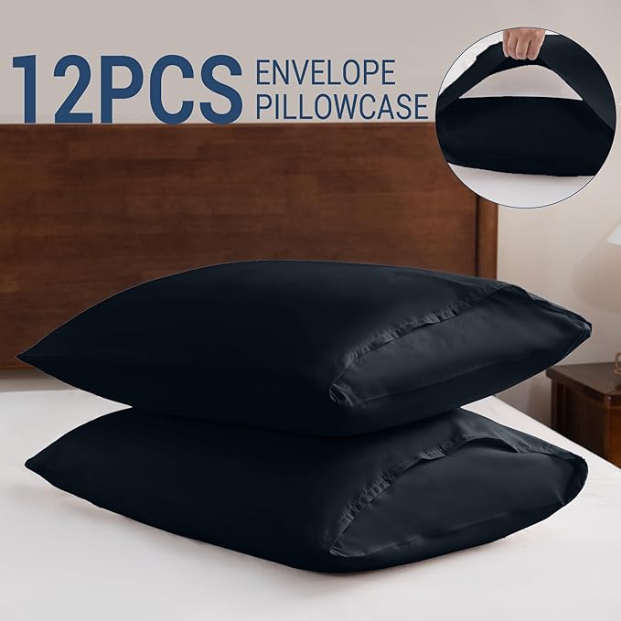 Pillowcases King 12 Pack, 20x36 Pillow Cases with Envelope Closure, Soft Plain Brushed Microfiber Covers Breathable Wrinkle-Resistant, Black