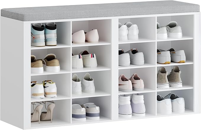 Hzuaneri Shoe Bench with Cushion, Entryway Storage Bench with 16 Cubbies, Cubby Shoe Rack with Adjustable Shelves, Shoe Organizer Cabinet for Living Room, Bedroom, Entryway, White SB25603GY