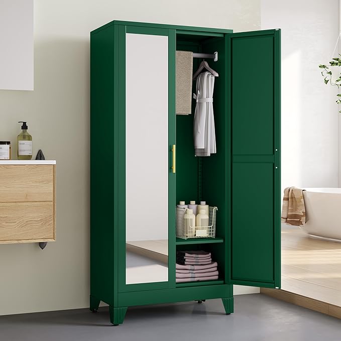 71" Metal Armoire Wardrobe Closet, Steel Clothing Storage Cabinet with Mirror and Adjustable Shelves, Household Steel Wardrobes Storage Cabinet with Adjustable Standing Feet and Hanging Rod（Green）