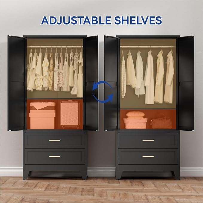 COFaR Armoire Wardrobe Closet with Drawers & Hanging Rod, 71'' Metal Wardrobe Closet with Doors & Adjustable Shelf, Farmhouse Wardrobe Cabinet for Bedroom Home Office Garage, Black