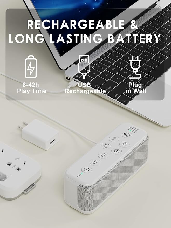 OnLyee White Noise Machine for Office Privacy, USB Rechargeable Sound Machine with 42 Non-Looping Sounds, Auto-Off Timer for Focus, Sleep and Travel