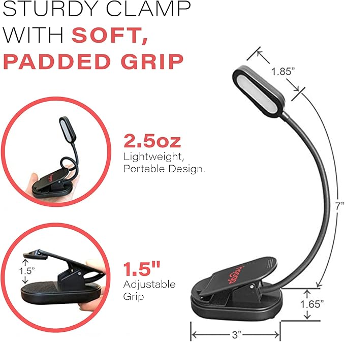 hooga Red Book Light, Rechargeable Clip On 625nm LED Light for Reading in Bed. No Blue Light Emitted, Eye Care Light for Strain-Free, Healthy Eyes. Gift for Students, Kids, Travel, Nursing, Studying.