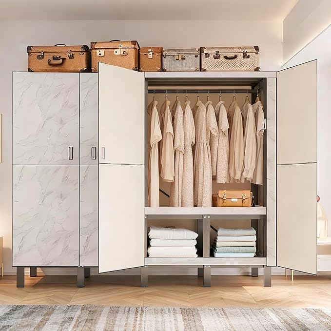 Freestanding Heavy Duty Wardrobe Closet with Magnetic Door, Portable Metal Closets, Foldable Wardrobecloset Organizers and Storage, for Bedrooms, Apartments, and Tenant (White, 39.4in)