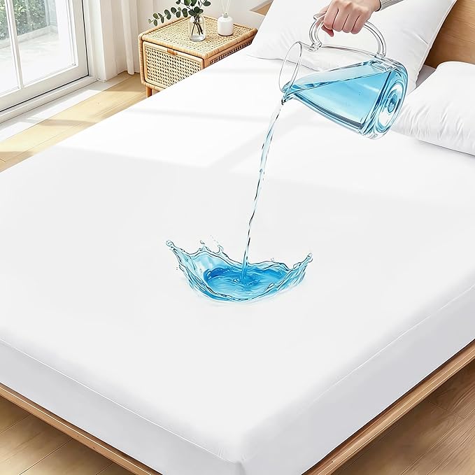 California King Mattress Protector Waterproof- Washable Mattress Cover Fitted Bed Pad Noiseless Plastic Protection Up to 18” Mattress Protector Soft&Breathable（White）