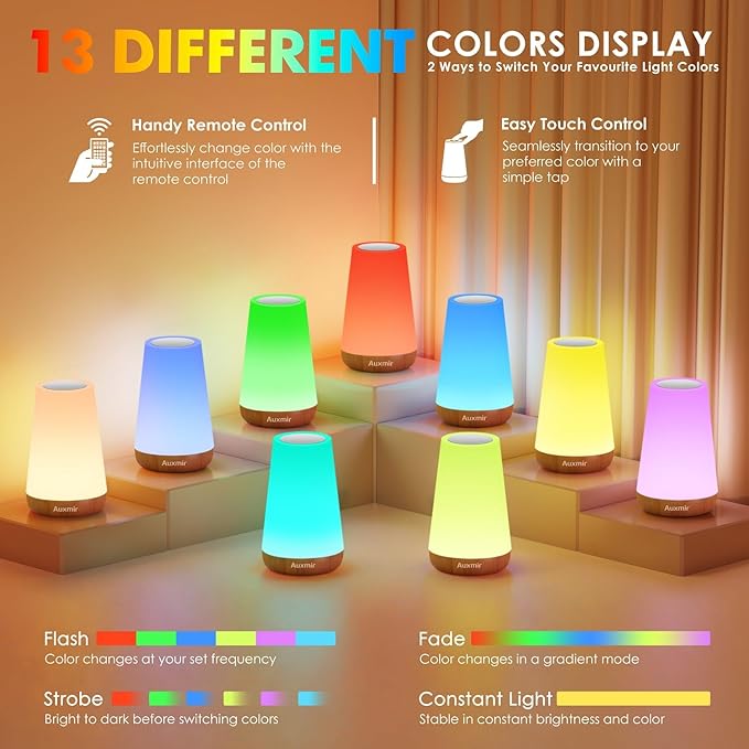 Auxmir Rechargeable LED Night Light, Touch & Remote Control Bedside Lamp with 13 Colors, 5 Brightness Levels, Portable Table Lamp for Kids Baby Nursery, Bedroom, Bathroom, Camping, Dark Brown