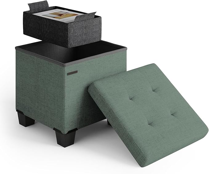 Storage Ottoman Cube with Small Bin, 15-in Square Ottoman with Storage for Living Room and Bedroom, Small Ottomans Foot Rest, Fabric Foot Stools Ottomans Max 330lbs, Green